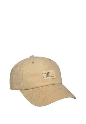Beige Baumwollbaseballmütze mit einem gebogenen Schirm, gestickten Details und einem rechteckigen Aufnäher mit der Aufschrift "REELL" auf der Vorderseite.