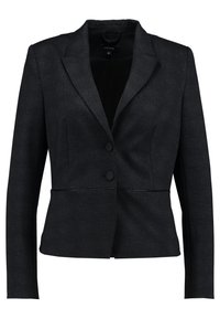 Black blazer with a textured fabric, notched lapels, two-button closure, and fitted design. Slim sleeves and subtle seam details.