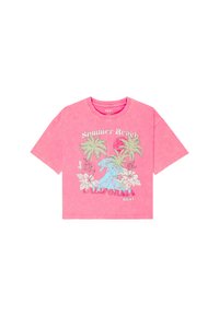 Lys rosa cropped t-shirt lavet af bomuld, med et grafisk design af palmer, bølger og blomster, samt teksten "Summer Beach California".
