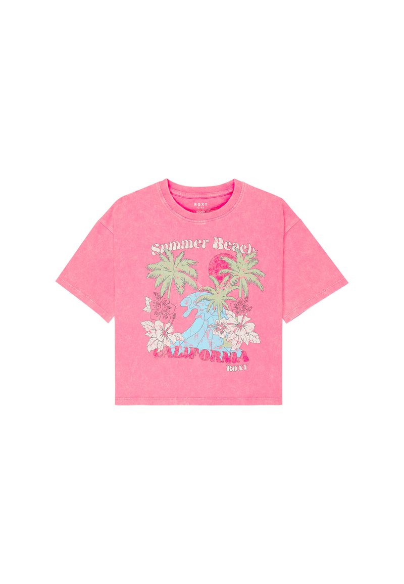 Lys rosa cropped t-shirt lavet af bomuld, med et grafisk design af palmer, bølger og blomster, samt teksten "Summer Beach California".
