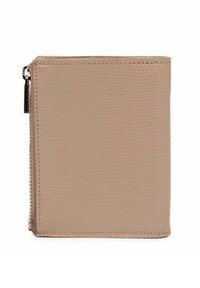 Portafoglio in pelle beige chiaro con superficie testurizzata, chiusura con zip, forma quadrata e bordi puliti. Nessun motivo o accento visibile.
