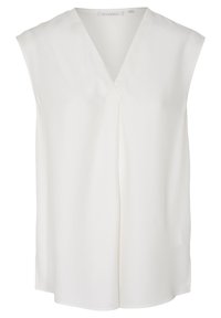 Blusa bianca senza maniche con scollo a V, caratterizzata da una sottile piega frontale. Realizzata in un tessuto morbido, ha una vestibilità ampia e fluida.