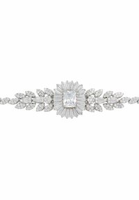 Silver-tone bracelet featuring a central rectangular cubic zirconia surrounded by marquise and round stones in leaf-like patterns.