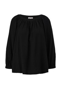 Zwarte blouse met lange pofmouwen, met een gestructureerd ribbelpatroon en een brede ronde halslijn. Lichtgewicht, ontspannen pasvorm.