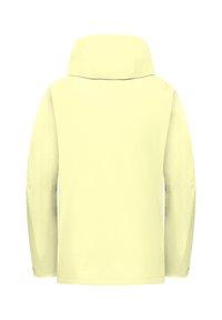 Hellgelbe Kapuzenjacke mit langen Ärmeln, von hinten auf weißem Hintergrund gezeigt.