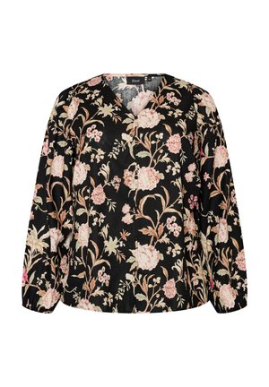 Sort langærmet bluse med lyserødt og beige blomsterprint, V-udskæring og knapper foran, velegnet til kvinder.