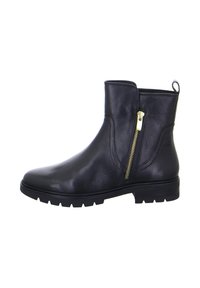 Schwarze Leder-Stiefelette mit runder Zehenform, seitlichem Reißverschluss mit goldfarbenen Accessoires und robuster Gummisohle. Glatte Textur und minimalistisches Design.
