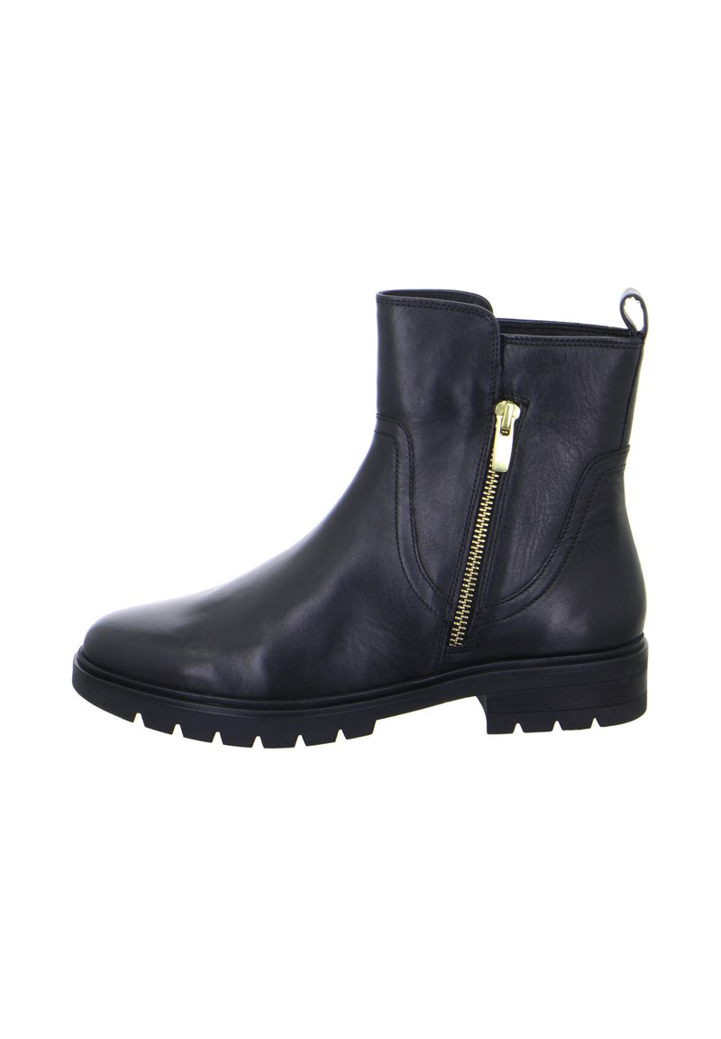 Schwarze Leder-Stiefelette mit runder Zehenform, seitlichem Reißverschluss mit goldfarbenen Accessoires und robuster Gummisohle. Glatte Textur und minimalistisches Design.