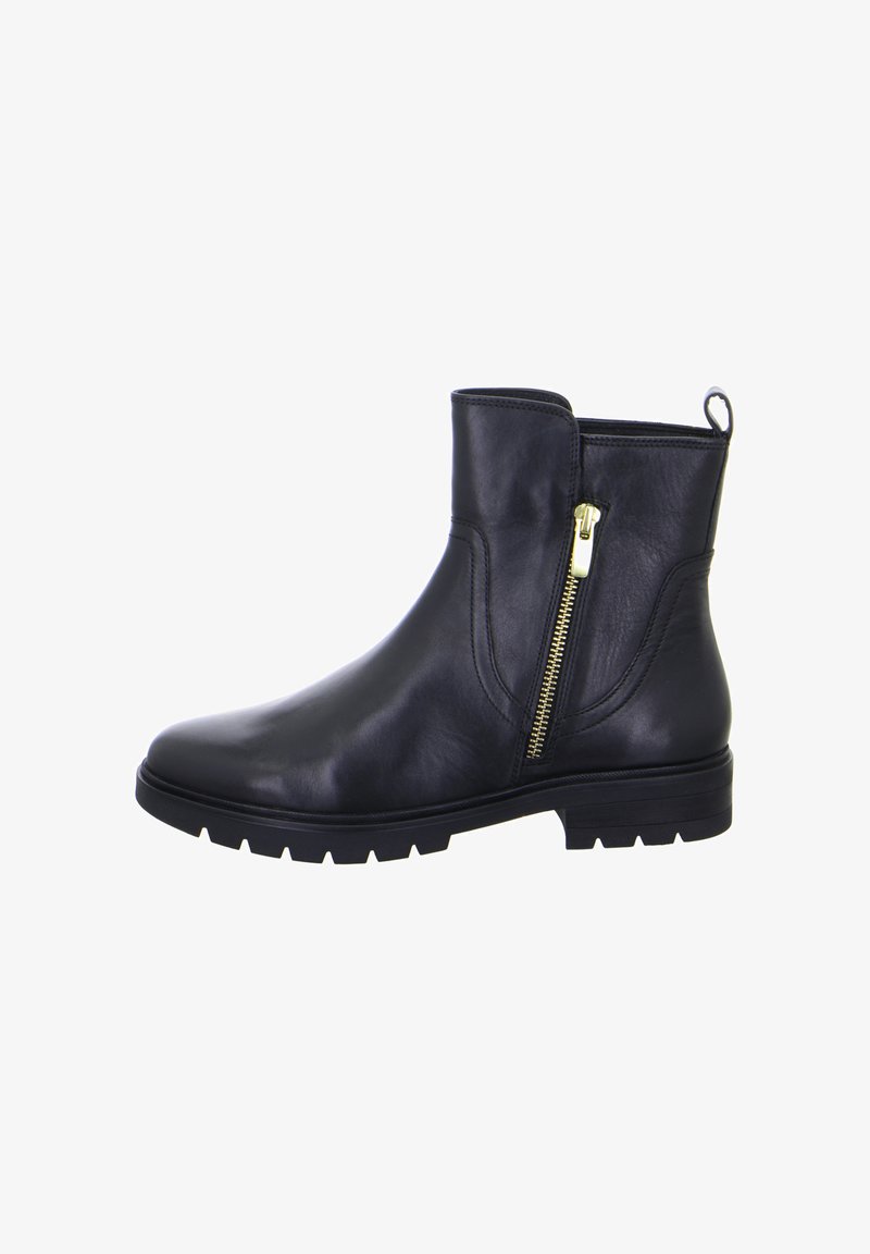 Sort læder ankelstøvle med rund tå, sidezip med guldhardware og en kraftig gummisål. Glat tekstur og minimalistisk design.