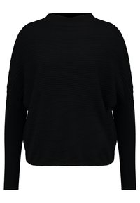 Svart pullovertröja med ett strukturerat vågmönster, lös passform, hög krage och långärmad, tillverkad i ett mjukt stickat material.
