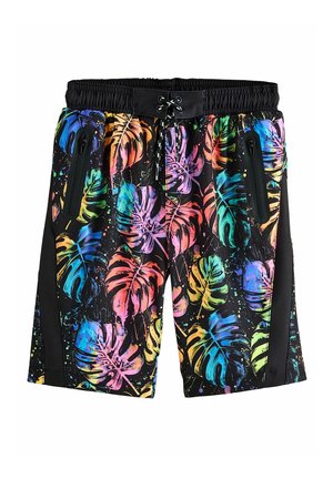 Costume de baie colorat, cu un fundal negru, un model vibrant de frunze tropicale și fermoare laterale. Fabricat dintr-un material ușor, cu talie elastică.