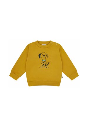 Mustard yellow long-sleeve baby sweatshirt with a smiling spotted dog illustration and snap buttons on one shoulder.