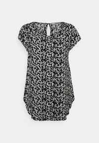 Haut à manches courtes noir et blanc avec un motif floral, encolure dégagée et détail œillet au dos ; tissu doux avec une coupe décontractée.