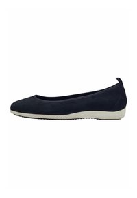 Navy blue suede ballet flats with a rounded toe and a thin white sole. Features a smooth texture and a rear pull tab for easy wear.