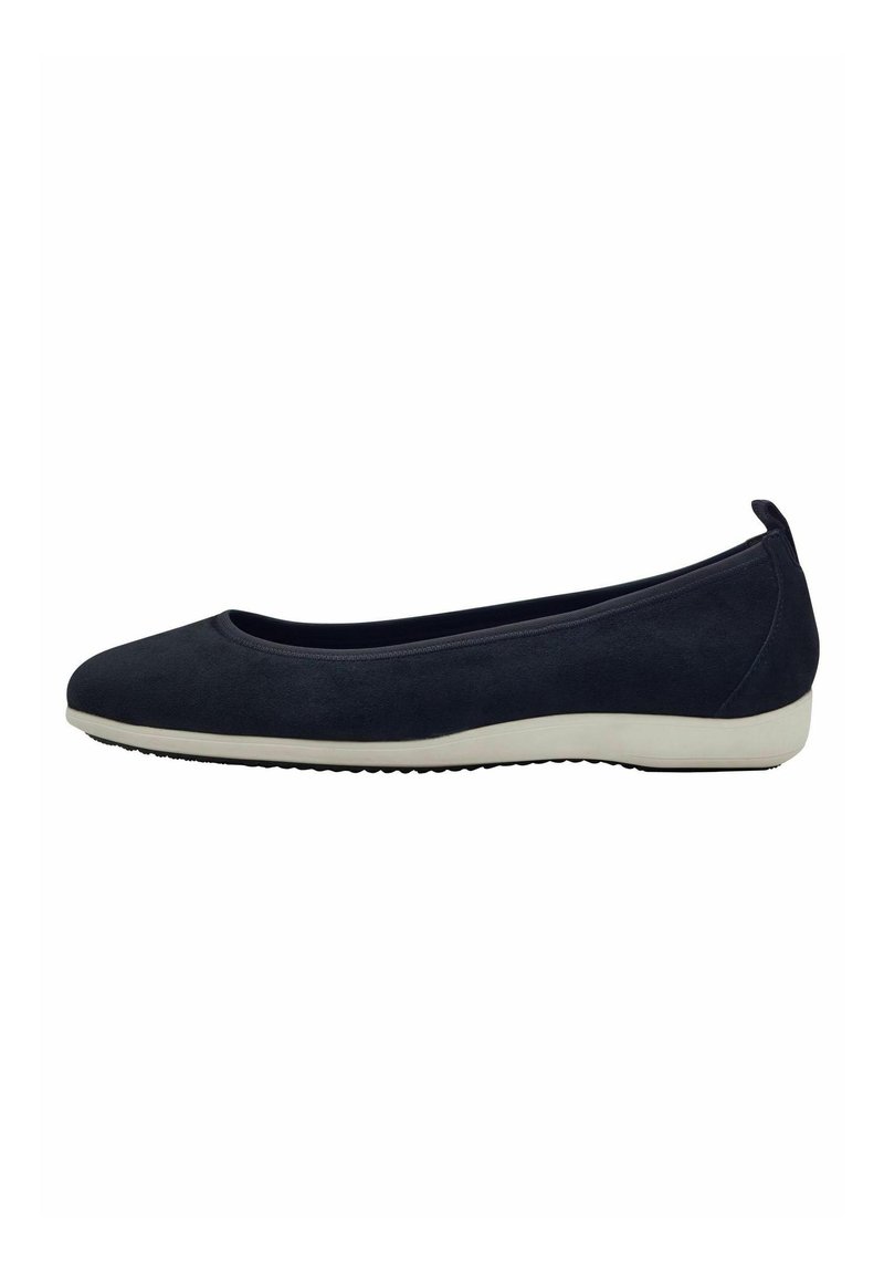 Navy blue suede ballet flats with a rounded toe and a thin white sole. Features a smooth texture and a rear pull tab for easy wear.