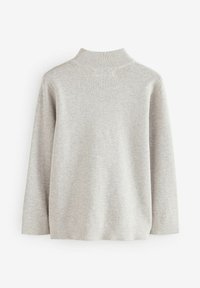 Ljusgrå rullkragsstickad tröja med långa ärmar, tillverkad av ett mjukt stickat tyg. Har en ribbad krage och en avslappnad passform.