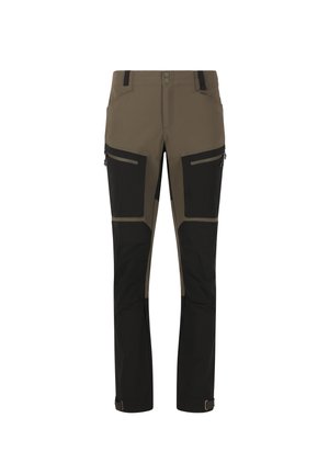 Tactical pants in olive green and black, featuring a slim fit, multiple zippered pockets, and adjustable ankle straps. Durable fabric.