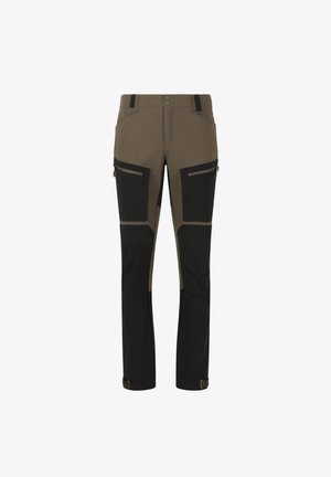 Tactical pants in olive green and black, featuring a slim fit, multiple zippered pockets, and adjustable ankle straps. Durable fabric.
