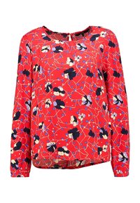 Blusa rossa a maniche lunghe con motivo floreale in tinture nere e viola, scollatura tonda e orlo leggermente asimmetrico.
