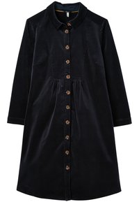 Niebieska sukienka koszulowa z korduroju z kołnierzykiem, długimi rękawami, zapięciem na guziki z przodu oraz marszczoną talią, z drewnianymi guzikami.