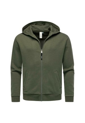 Dark green zip-up hoodie made from cotton blend fabric, featuring a front zipper, two side pockets, and a lined hood.