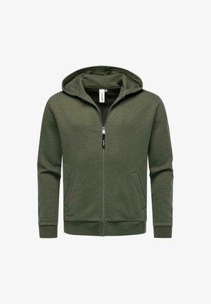 Donkergroene rits hoodie gemaakt van een katoenen mix, met een ritssluiting aan de voorkant, twee zijzakken en een gevoerde capuchon.