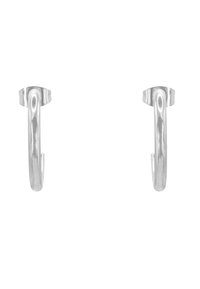 Ganci per tende in metallo argentato con un design liscio e curvo, dotati di una parte inferiore aperta. Ogni gancio ha una piccola base di montaggio circolare.
