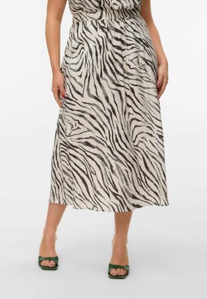 Midirock mit einem grau-schwarz gestreiften Zebra-Muster. Hergestellt aus leichtem Stoff, mit einem taillierten Bund und einer fließenden Silhouette.