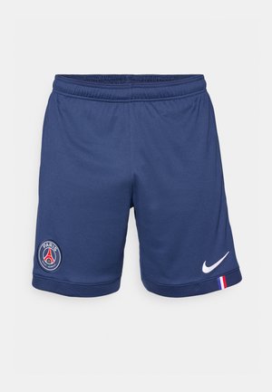 Mørkeblå atletiske shorts med elastisk midjebånd, med en hvit Nike-logo og et Paris Saint-Germain-emblem på venstre bein.