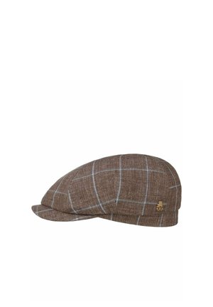 Brown flat cap with light gray windowpane check pattern and small gold logo pin on side.