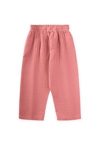 Gaiši rozā, teksturēti lina bikses ar elastīgu jostu, brīvu piegriezumu un īsu garumu. Ir rūpīgi savāktas detaļas viduklī.