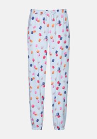 Pantalons de pyjama bleu clair avec un motif de rayures verticales, ornés d'illustrations de macarons colorés en rose, orange, bleu et violet. Taille élastique.