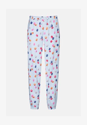 Lichtblauwe pyjamabroek met een verticaal streepjespatroon, versierd met kleurrijke macaronillustraties in roze, oranje, blauw en paars. Elastische tailleband.