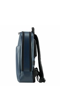 Zaino impermeabile blu navy con design elegante, due scomparti con zip, spallacci imbottiti e schienale in rete per la ventilazione.