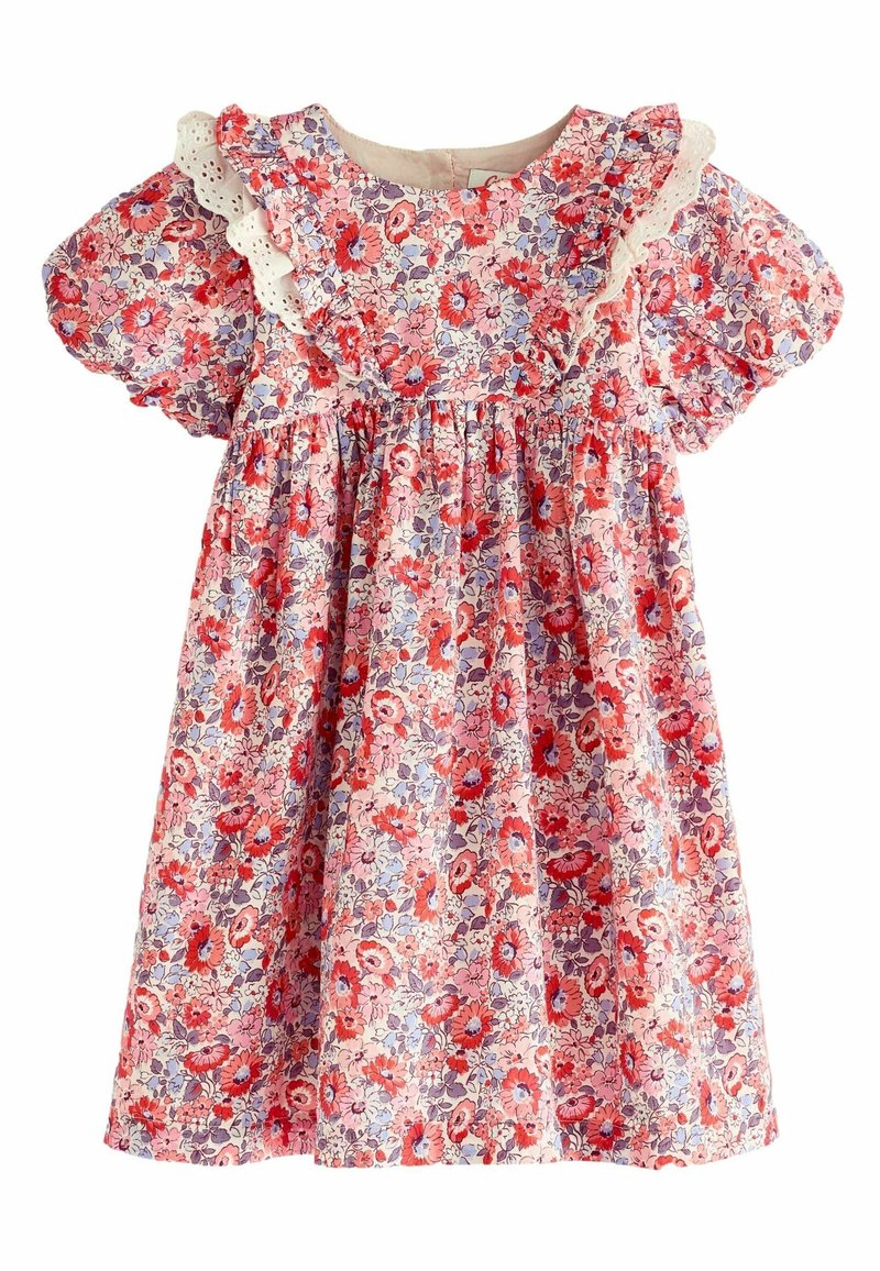 Robe fleurie pour tout-petit avec manches bouffantes, devant à volants et bordure en dentelle ajourée dans des tons de rouge, rose, violet et blanc.