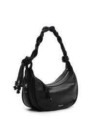 Sort læderhåndtaske med en buet form, flettet hank og lynlåslukning. Har en tekstureret overflade og dekorative kvastdetaljer.