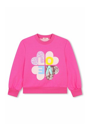 Sweatshirt rosa avec un motif floral comportant des sections multicolores : jaune, blanc, bleu et des accents texturés. Poignets et ourlet côtelés.