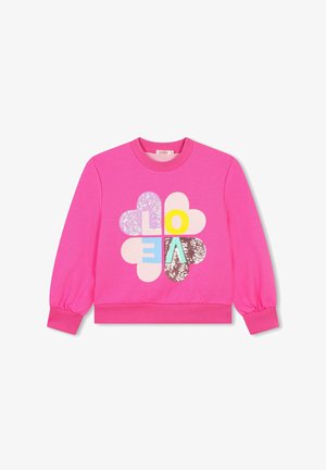 Sweatshirt rosa avec un motif floral comportant des sections multicolores : jaune, blanc, bleu et des accents texturés. Poignets et ourlet côtelés.