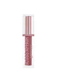 Tubo trasparente di lucidalabbra con una tonalità rosa, dotato di un cappuccio metallizzato argento e oro rosa. Il testo recita "GLOSS AFFAIR di belladoggi."