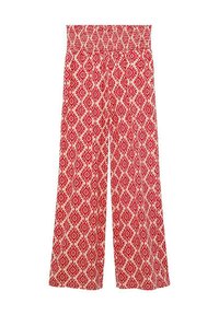 Pantaloni a gamba larga con vita arricciata, caratterizzati da un motivo geometrico rosso e crema. Realizzati in tessuto leggero con una texture liscia.