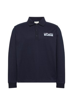 Marineblaues Langarm-Poloshirt aus Baumwolle, mit einer dreiknöpfigen Knopfleiste und einem bestickten Logo auf der Brust. Gerippte Bündchen.