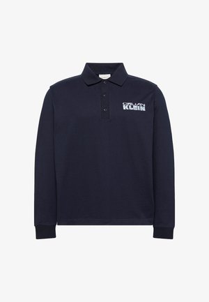 Marineblaues Langarm-Poloshirt aus Baumwolle, mit einer dreiknöpfigen Knopfleiste und einem bestickten Logo auf der Brust. Gerippte Bündchen.