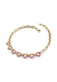 Collana in oro con maglia che presenta forme di cuori aperti alternati, impreziositi da pietre preziose rosa. Finitura lucida, chiusura regolabile per una vestibilità sicura.