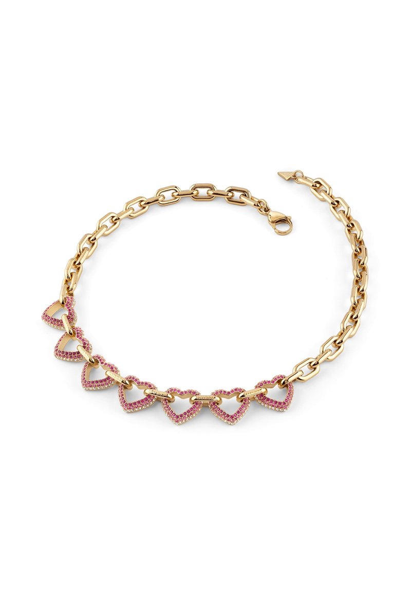 Collana in oro con maglia che presenta forme di cuori aperti alternati, impreziositi da pietre preziose rosa. Finitura lucida, chiusura regolabile per una vestibilità sicura.