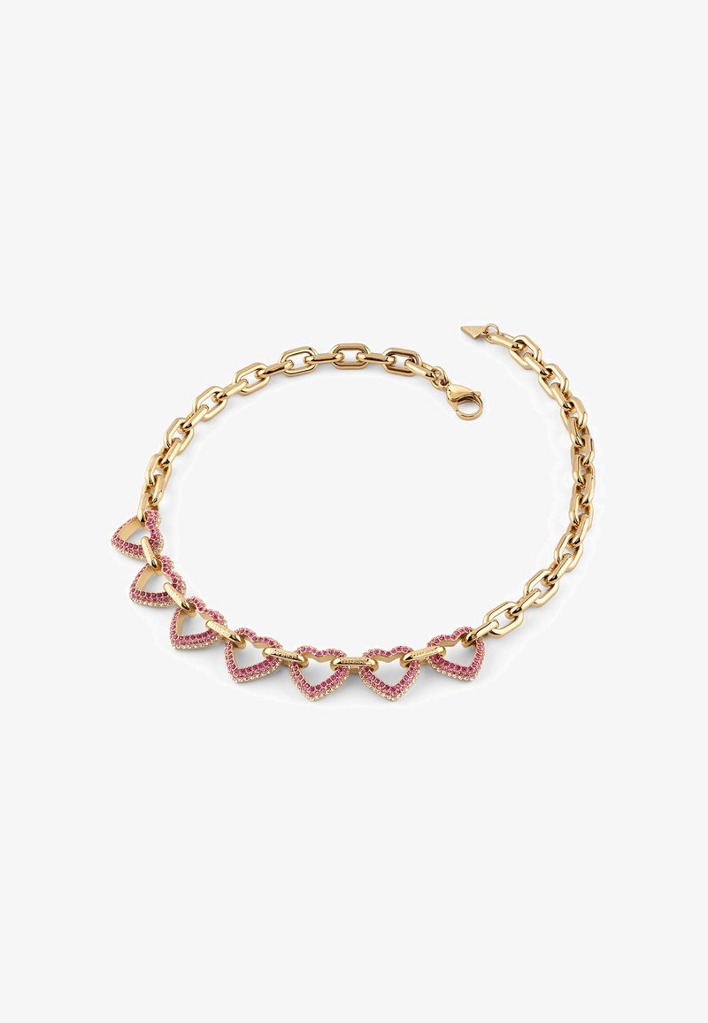 Collana in oro con maglia che presenta forme di cuori aperti alternati, impreziositi da pietre preziose rosa. Finitura lucida, chiusura regolabile per una vestibilità sicura.