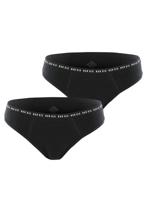 Schwarze Baumwollbikini-Unterwäsche mit breitem elastischem Bund und weißer Schrift. Glatte Textur und nahtloses Design. Zwei Teile abgebildet.