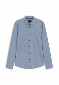 Camicia a maniche lunghe a quadri blu e bianchi realizzata in tessuto; presenta un colletto standard e bottoni neri lungo la parte frontale.