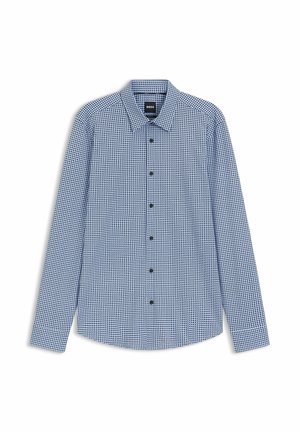 Blau-weiße karierte Langarmshirt aus Stoff; verfügt über einen klassischen Kragen und schwarze Knöpfe entlang der Vorderseite.