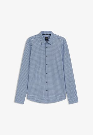 Camicia a maniche lunghe a quadri blu e bianchi realizzata in tessuto; presenta un colletto standard e bottoni neri lungo la parte frontale.