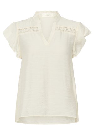 Hvid kortærmet bluse med en struktureret krave, der har en V-halsudskæring og fine blonde detaljer på skuldrene. Blød, tekstureret stof.